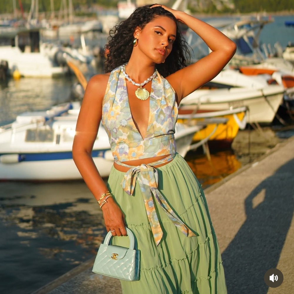 Floral Halter Top and Green Skirt Set